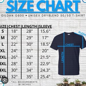 May include: Size chart for a Gildan G800 unisex dryblend 50/50 t-shirt. The chart shows chest, length, and sleeve measurements in inches for sizes S through 5XL.