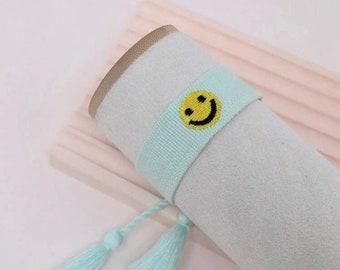 Teal Smiley Face Bracelet | Woven Adjustable Embroidered Tassel Bracelet | Friendship Preppy Bracelet Jewelry