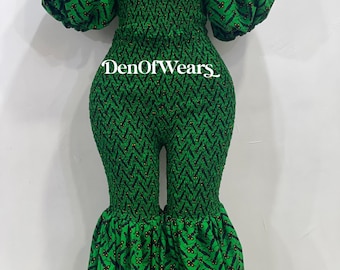 Green Ankara smocked  jumpsuit . Off shoulder palazzo trouser . African print outfit . Ankara smocked palazzo jumpsuit. Bell pant jumpsuit