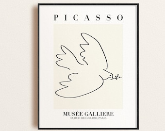 Picasso Exhibition Poster, Dove of Peace, Vintage Art, Minimalist Poster, Line Drawing, Art Print, Bedroom Art, Digital Download