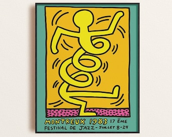 Keith Haring Montreux Jazz Poster, Green - Orange, Vintage Retro Print, 1983 Printable Wall Art, Abstract Art Print, Digital Download