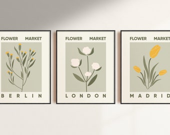 Flower Market Set of 3 Print, Floral Printable Poster, Botanical Print, Flower Wall Art, Illustration Modern Poster, Digital Download