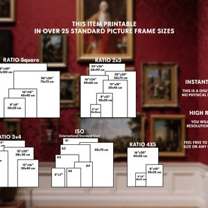 May include: A chart showing different standard picture frame sizes in inches and centimeters. The chart is divided into four sections: Square, 3x4, 2x3, and 4x5. The chart also includes a section for ISO (International Standard Size). The chart is labeled "This item printable in over 25 standard picture frame sizes".