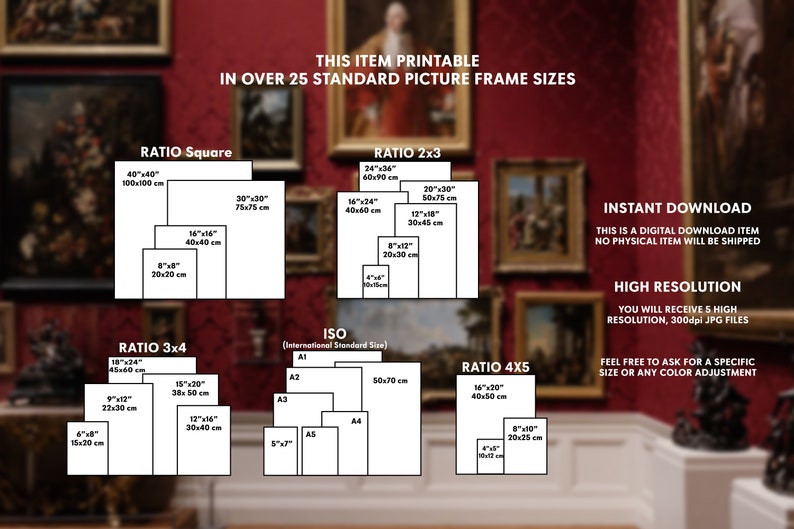 May include: A chart showing different standard picture frame sizes in inches and centimeters. The chart is divided into four sections: Square, 3x4, 2x3, and 4x5. The chart also includes a section for ISO (International Standard Size). The chart is labeled "This item printable in over 25 standard picture frame sizes".