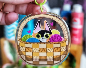 Cute Calico Cat Keychain | Acrylic Kitty Charm  | Cat in Yarn Basket