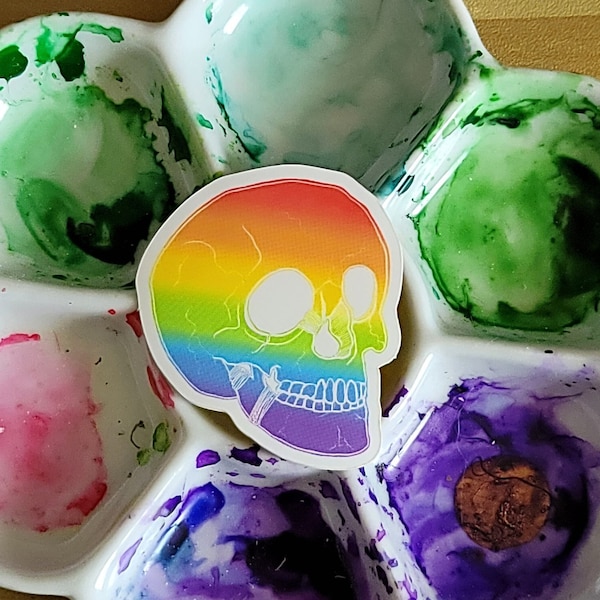 Weatherproof Vinyl Rainbow Skull Sticker | LGBTQ+ Sticker | Water Bottle Sticker