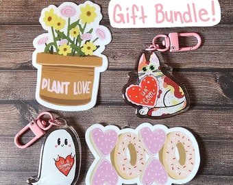 Cute Valentine's Day Keychain and Sticker Bundle