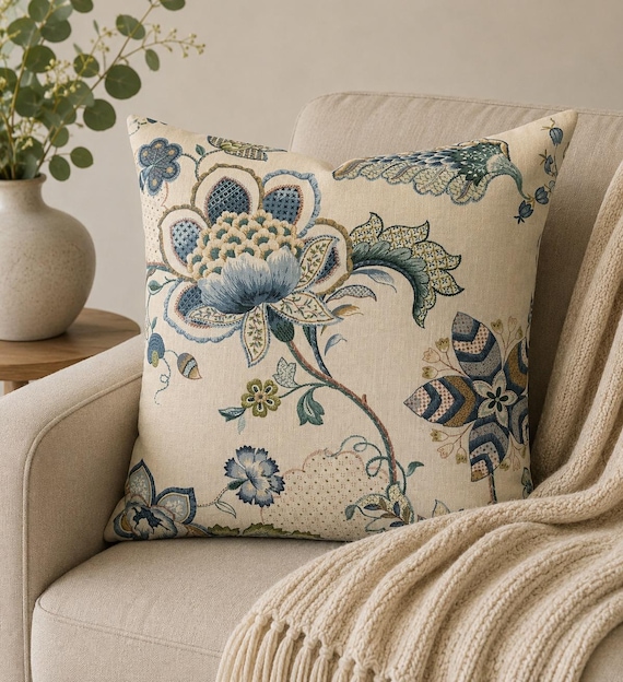 Jacobean Floral Pillow Cover: Iris Blue Linen Blend