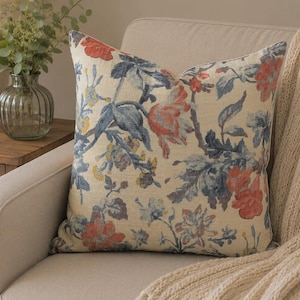 Floral Pillow Cover, Blue Rose Gold Cotton Linen Blend