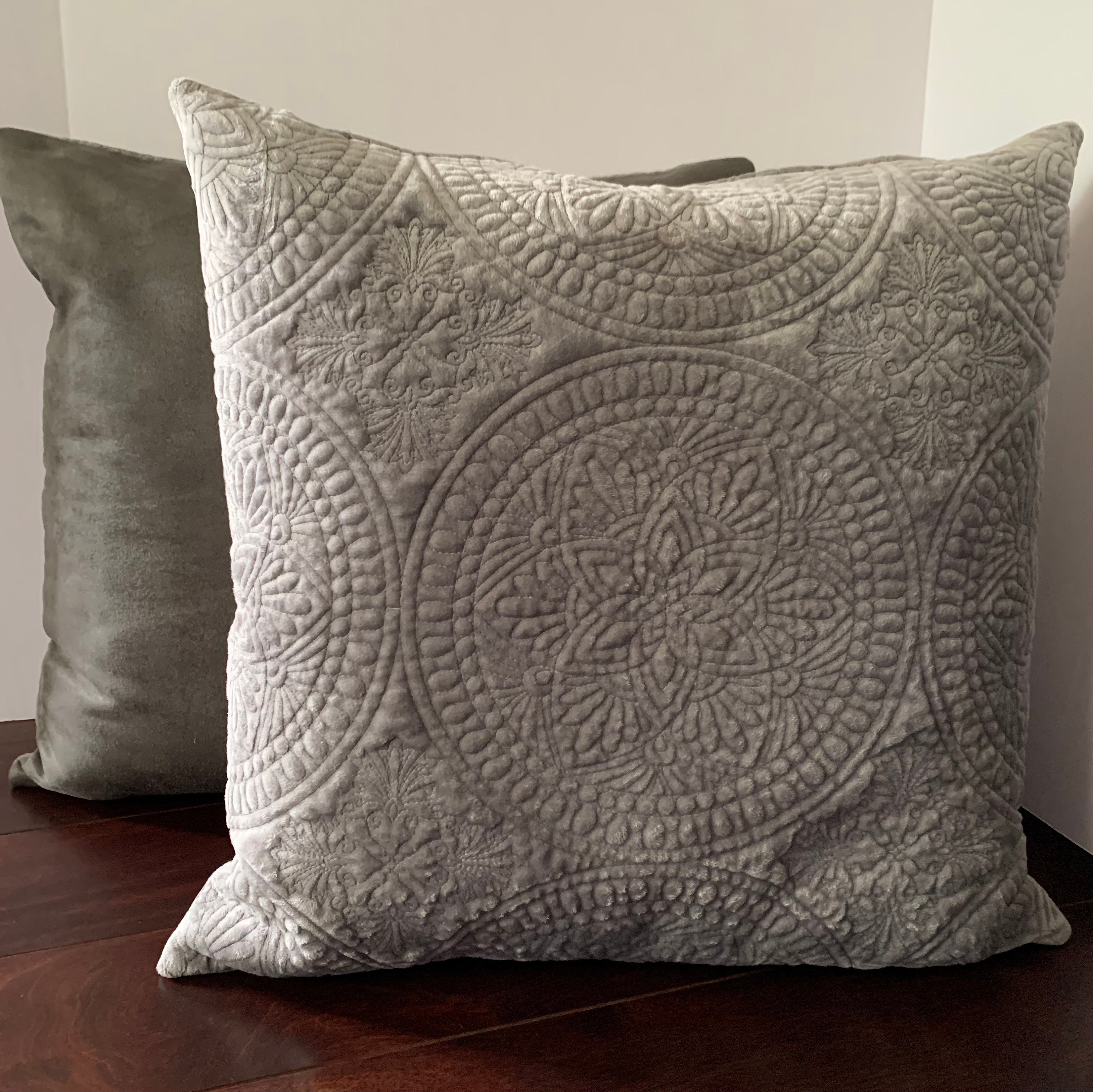 Ostrich Leather Inset Pillow with Feather Trim on Suede - Grey