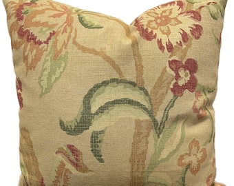 Funda de almohada floral beige: lona de algodón roja, verde y dorada