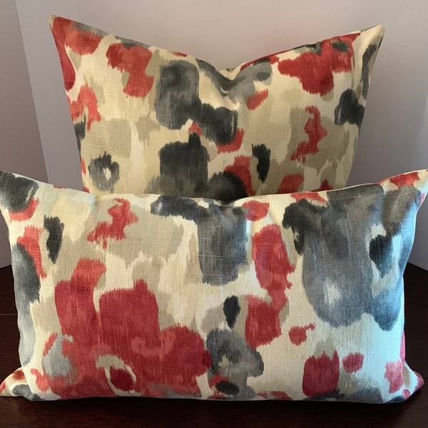 Floral Brush Strokes of Charcoal, Tan, Shades of Gray and Currant Red Pillow Cover in Various Sizes