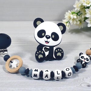Prendedor de chupeta personalizado com nome/brinquedo de bebê/presente para recém-nascido, com estampa de panda 'Malo'