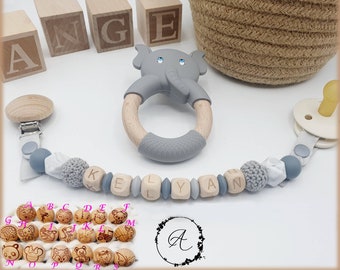 Personalisierter Schnullerclip / Vorname / Geburtsgeschenk Spielzeug, Modell 'Kelyan Elefant'