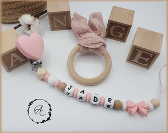 Personalized pacifier clip / first name / baby toy birth gift, model 'Jade pink rabbit'