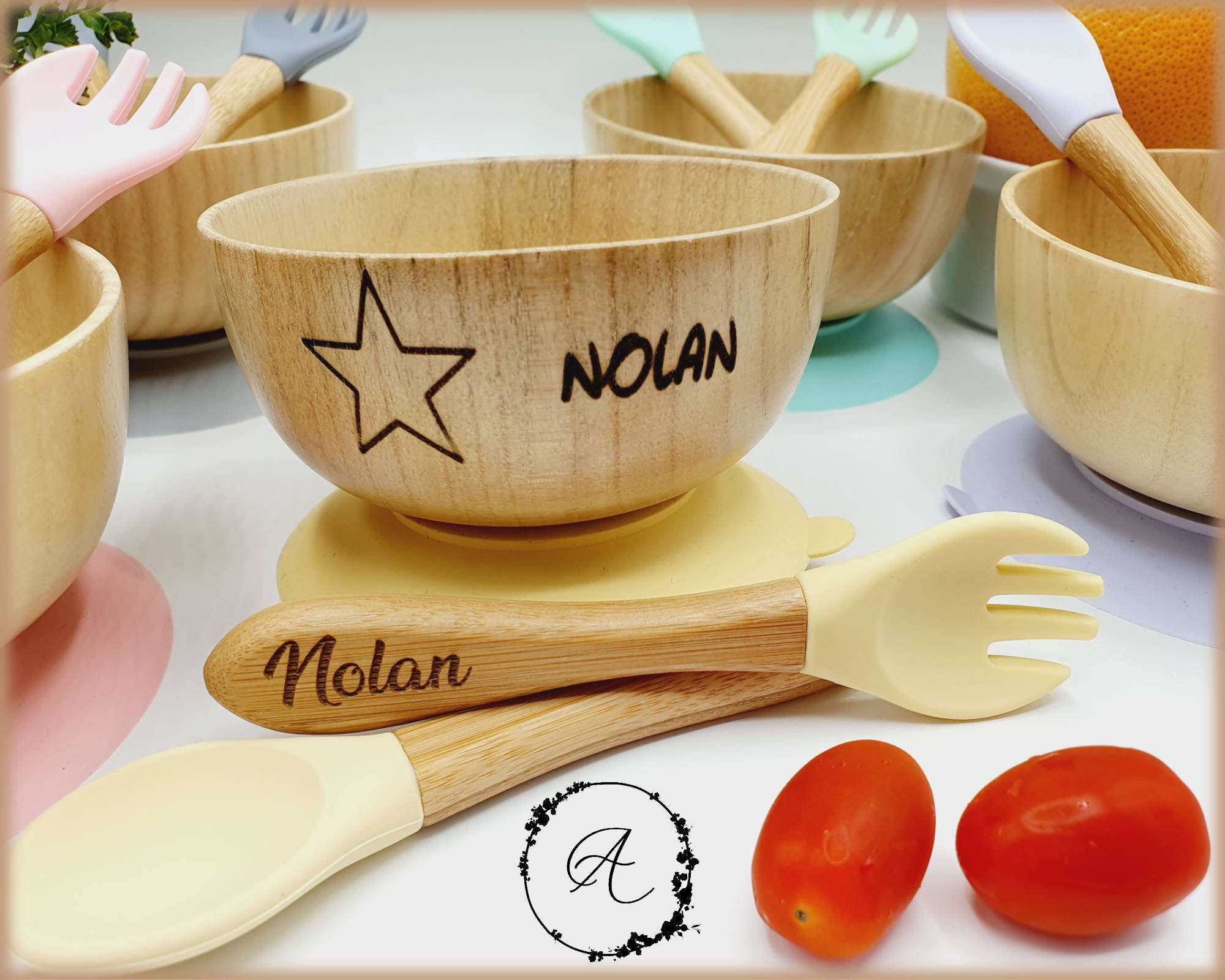 Bol et Couverts Bébé Personnalisable, Bois Silicone Pour Cadeau de Naissance Découverte Des Repas