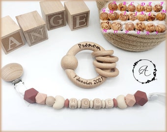 Personalisierter Schnullerclip / Vorname / Babyspielzeug-Geburtsgeschenk, Modell „Rose“.