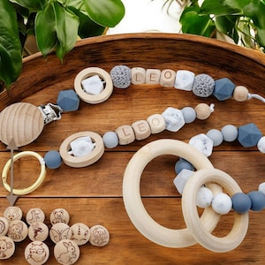 Personalized pacifier clip / first name / baby toy birth gift, model 'Léo Gris'