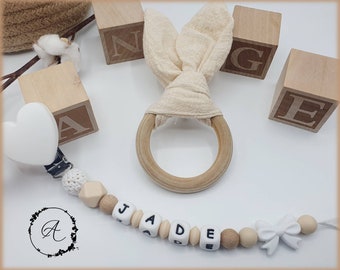 Clip de chupete personalizado / nombre / regalo de juguete de nacimiento de bebé, modelo 'Conejo blanco de jade'