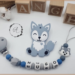 Attache tétine sucette personnalisée / prénom / jouet bébé naissance cadeau, modèle 'Hugo' loup image 1