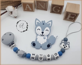 Clip de chupete personalizado / nombre / regalo de juguete de nacimiento de bebé, modelo lobo 'Hugo'