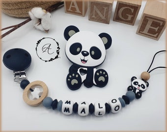 Clip per ciuccio personalizzato / nome / giocattolo regalo per la nascita del bambino, modello panda "Malo".