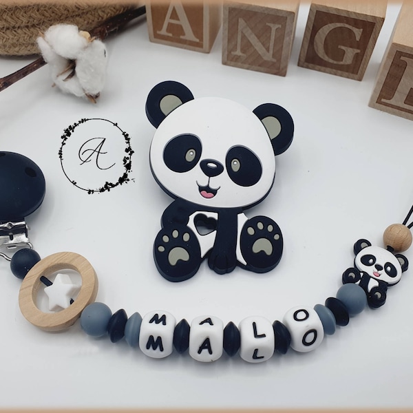 Clip per ciuccio personalizzato / nome / giocattolo regalo per la nascita del bambino, modello panda "Malo".