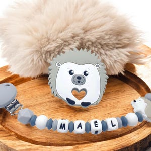 Ciuccio clip personalizzato / nome / giocattolo per neonati regalo di nascita, modello &#39;Maël&#39; riccio