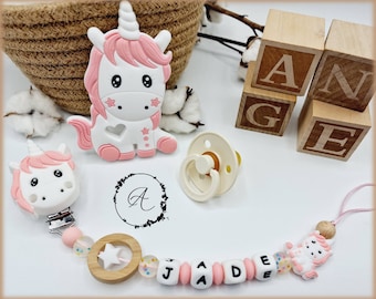 Attache tétine sucette personnalisée / prénom / jouet bébé naissance cadeau, modèle 'Jade Licorne'