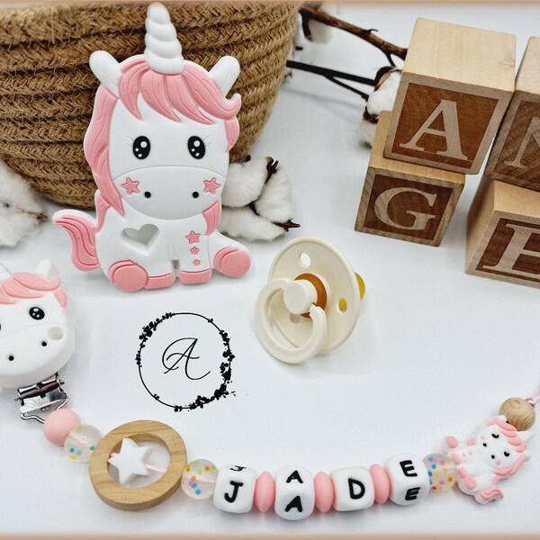 Attache tétine sucette personnalisée / prénom / jouet bébé naissance cadeau, modèle 'Jade Licorne'