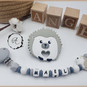 Personalized pacifier pacifier clip / first name / baby birth gift toy, 'Maël' hedgehog model