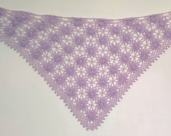 Hand knit lilac shawl crochet, Hand made crochet shawl, triangle shawl,flower, scarf crochet, women, wedding, single color, Color Lilac