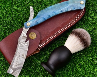 Custom Damascus Steel Straight Razor: Dyed Camel Bone Handle