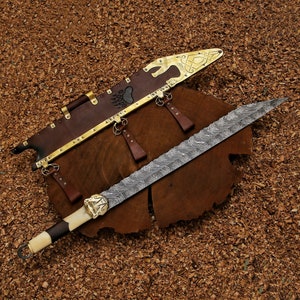 Legendary Norse Warrior Viking Damascus Seax with Brass Bear Head Bolster With Leather Brass Fitted Scabbard , Viking Seax