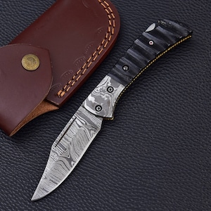 Handmade Damascus Folding Knife: Micarta Handle, Leather Sheath