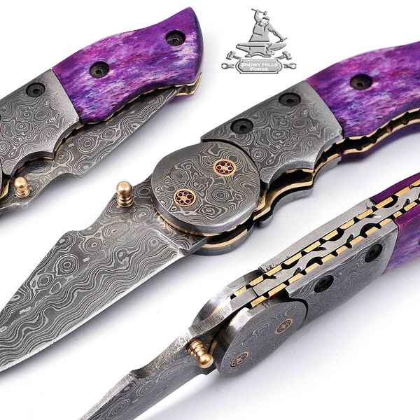 Custom Hand Made Damascus Steel Folding Knife With Leather Sheath , Damascus Folding Knife , Damascus Pocket Knife , Gift For Beloved One