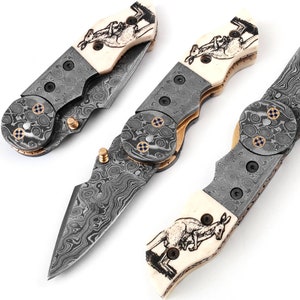 Damascus Folding Knife: Camel Bone Handle, Bush Craft Pocket Knife