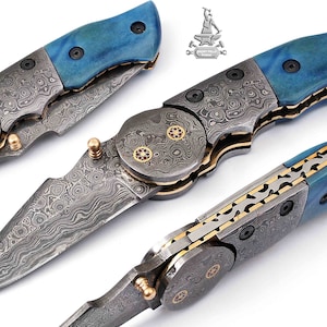 Custom Hand Made Damascus Steel Folding Knife With Leather Sheath , Damascus Folding Knife , Damascus Pocket Knife , Gift For Beloved One