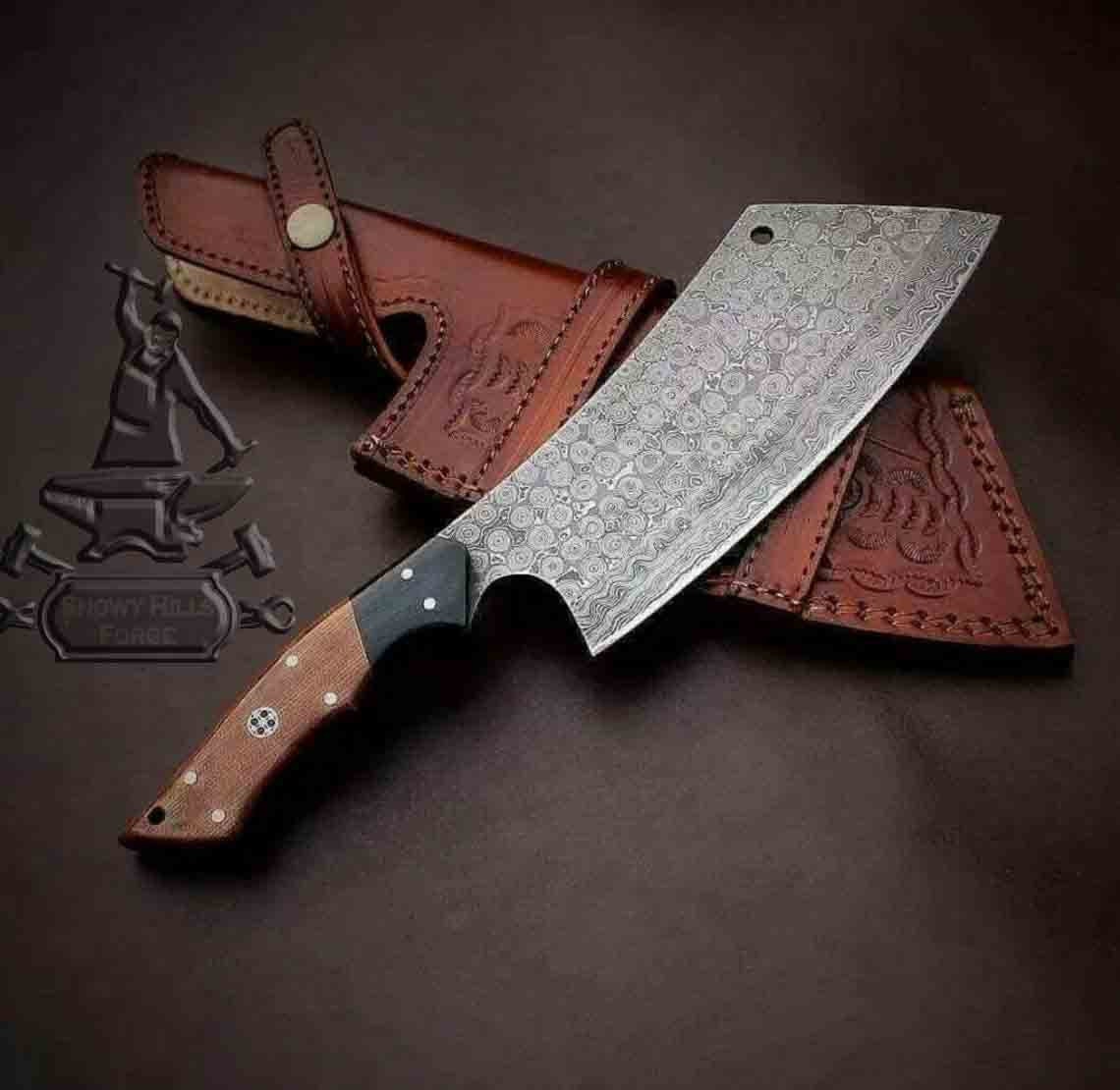 10.5 Hand Forged Damascus Steel Butcher Knife, Meat Cleaver, Wood Scale,  Cow Hide Leather Sheath with Belt Loop