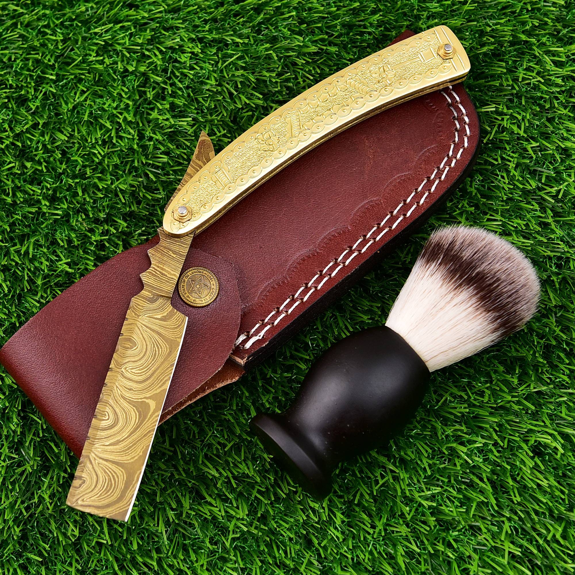 Damascus Straight Razor with Engraved Brass Handle & Leather Sheath