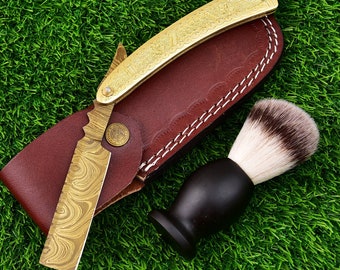 Custom Damascus Steel Straight Razor with Leather Sheath