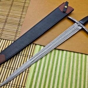 Handmade Damascus Steel Knight Templar Sword with Leather Scabbard