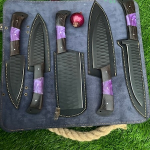 Hand Made Kitchen Knife Set , Hand Made Damascus Chef Knife Set