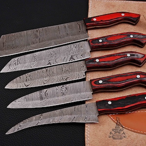 Handmade Damascus Chef Knife Set: 5-Piece Pakka Wood Handle, Leather Case