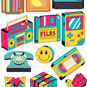 May include: A collection of retro 80s and 90s icons, including a television, a Pac-Man arcade game, a cassette tape, a boombox, a floppy disk, a handheld game console, a rotary phone, a smiley face, a VHS tape, a fortune teller, a Rubik's Cube, and a ring with a gem.