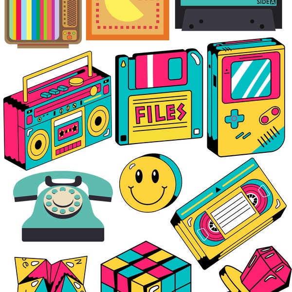 1980's printable photo booth props, 80's nostalgia stickers, 80's theme decals, 80's stickers, Instant Download