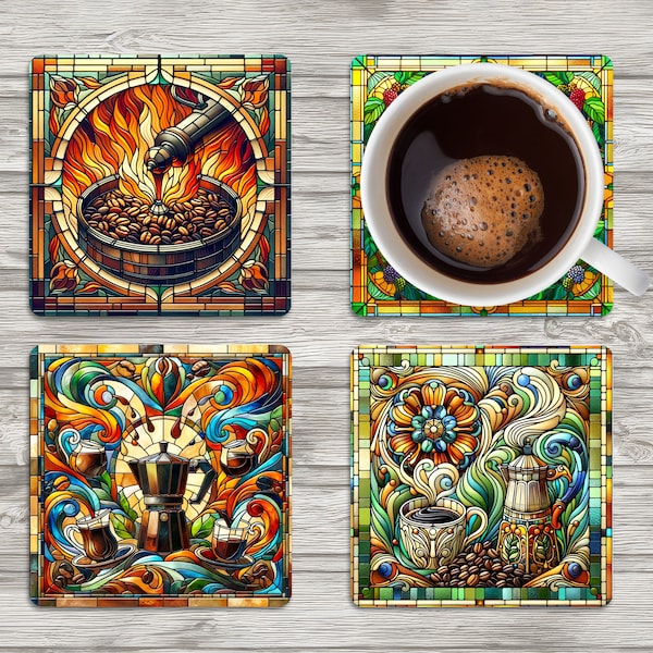 Coffee Ceramic Square Coaster - Stained Glass Style - Sublimation Printed, Unique Design #2