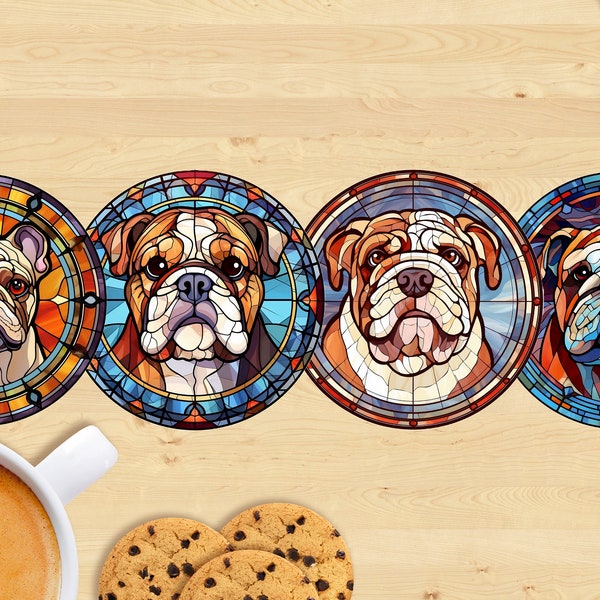 Ceramic Bulldog Coaster, Stained Glass Style - Sublimation Printed, Unique Design, Ideal Gift for Dog Lovers