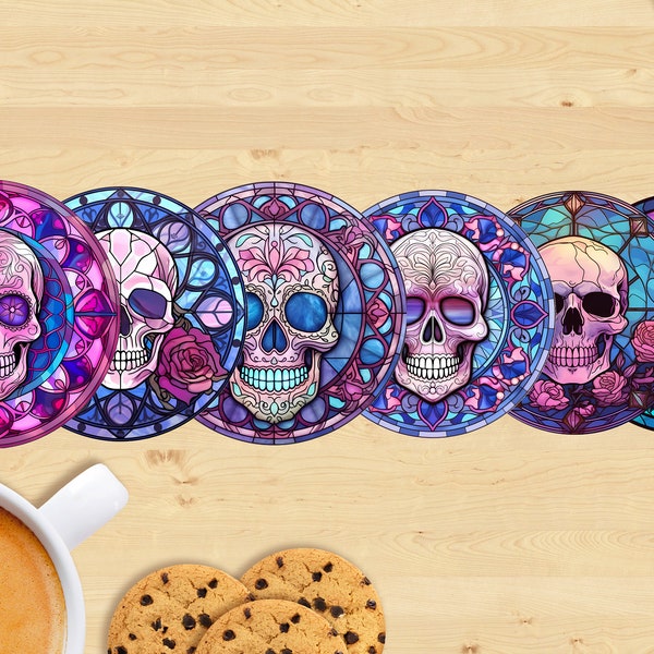 Floral Skull Ceramic Coaster, Stained Glass Style - Sublimation Printed, Unique Design #1