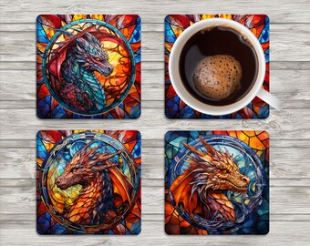 Dragon Ceramic Square Coaster - Stained Glass Style - Sublimation Printed, Unique Design #2